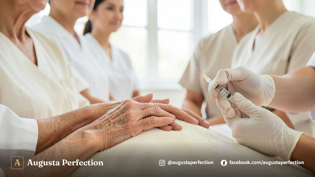 Especialista preparando procedimento de rejuvenescimento e preenchimento de mãos em clínica estética.