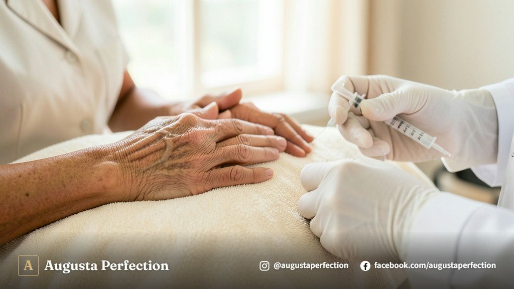 Profissional de estética examinando delicadamente as mãos de uma paciente em consultório elegante.