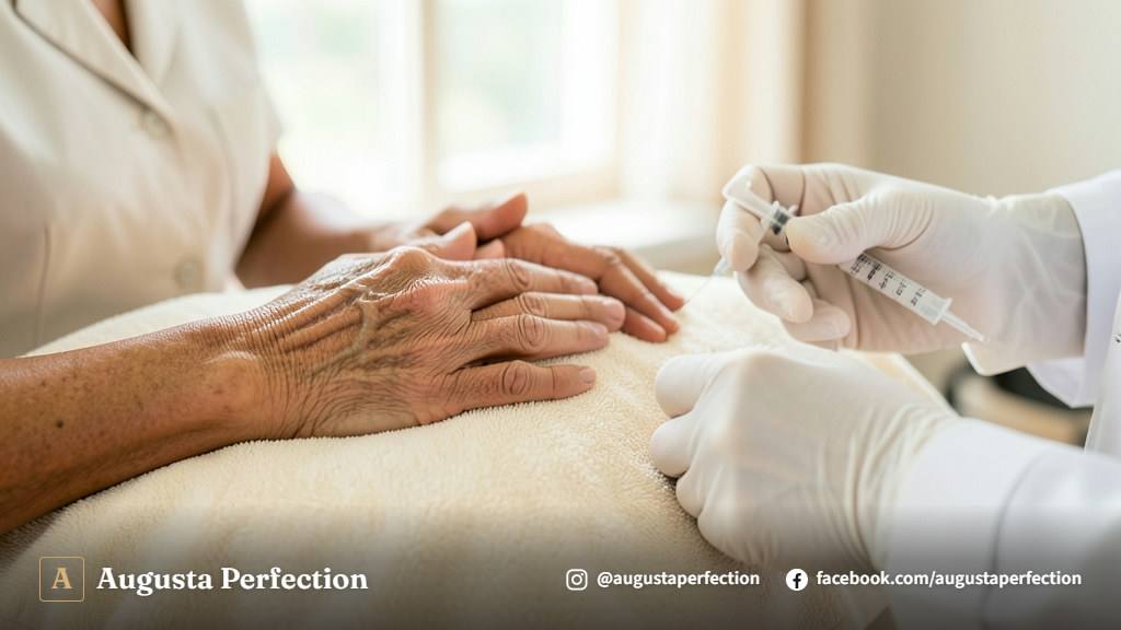 Profissional de estética examinando delicadamente as mãos de uma paciente em consultório elegante.