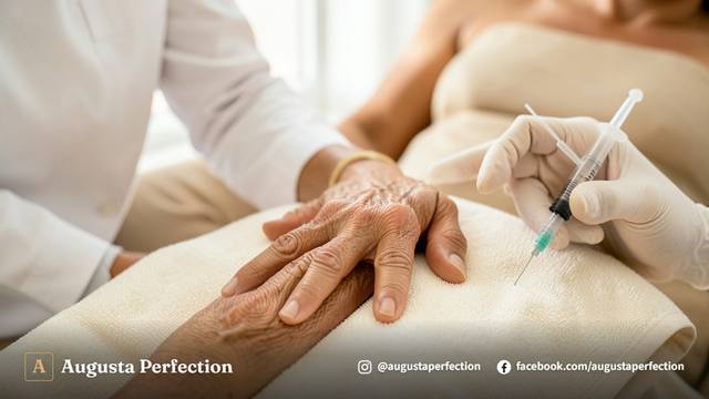 Profissional especialista examinando as mãos de uma paciente em consultório de estética avançada.