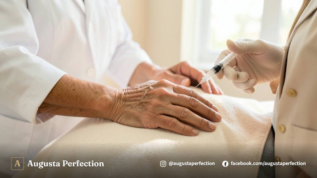 Profissional de estética examinando o dorso da mão de uma paciente em um ambiente clínico refinado e acolhedor.