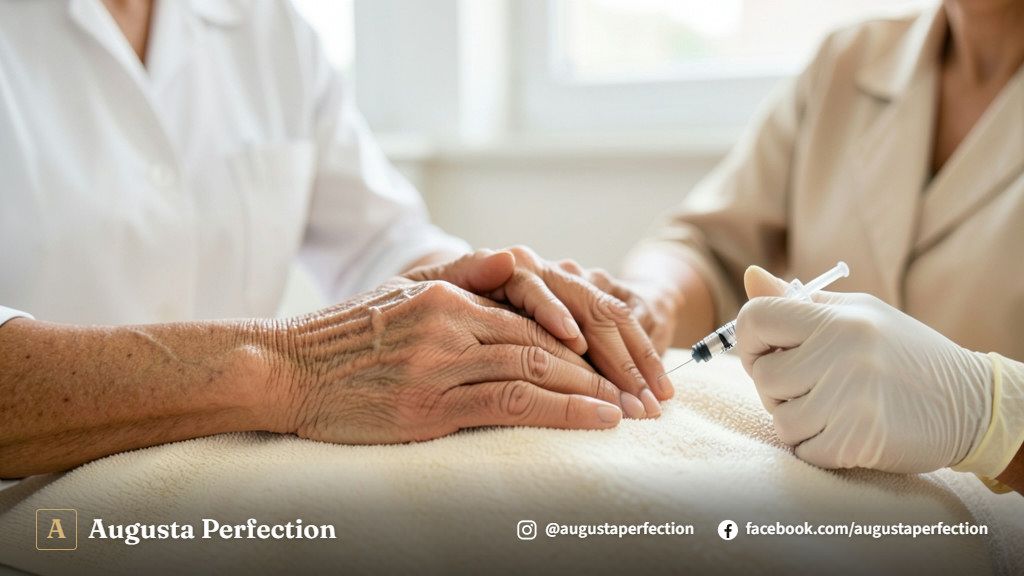 Profissional de estética em luvas realizando atendimento para preenchimento de mãos em ambiente clínico de alto padrão.