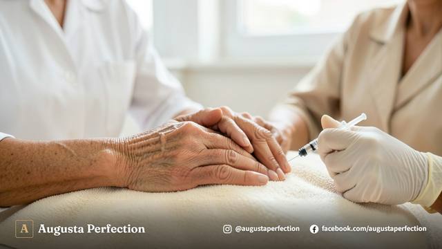 Profissional de estética em luvas realizando atendimento para preenchimento de mãos em ambiente clínico de alto padrão.