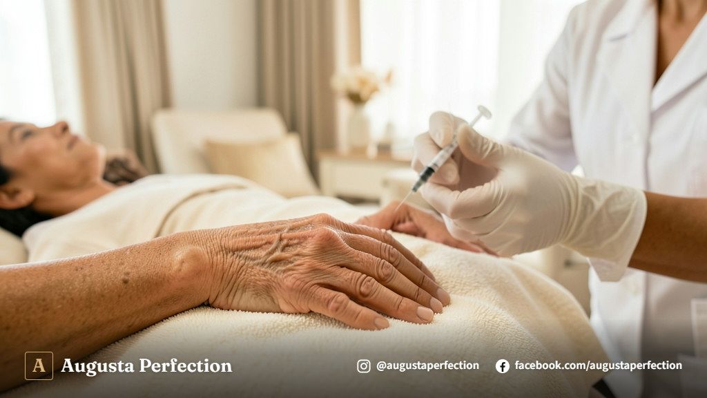 Profissional realizando avaliação estética do dorso das mãos em paciente de pele escura.