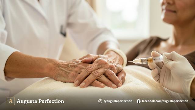 Profissional de estética reavaliando a pele do dorso da mão de paciente em consultório moderno.