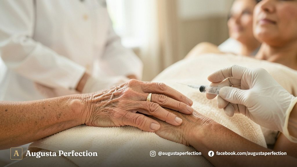 Profissional de estética segurando produto biocompatível para procedimento de preenchimento de mãos em consultório.