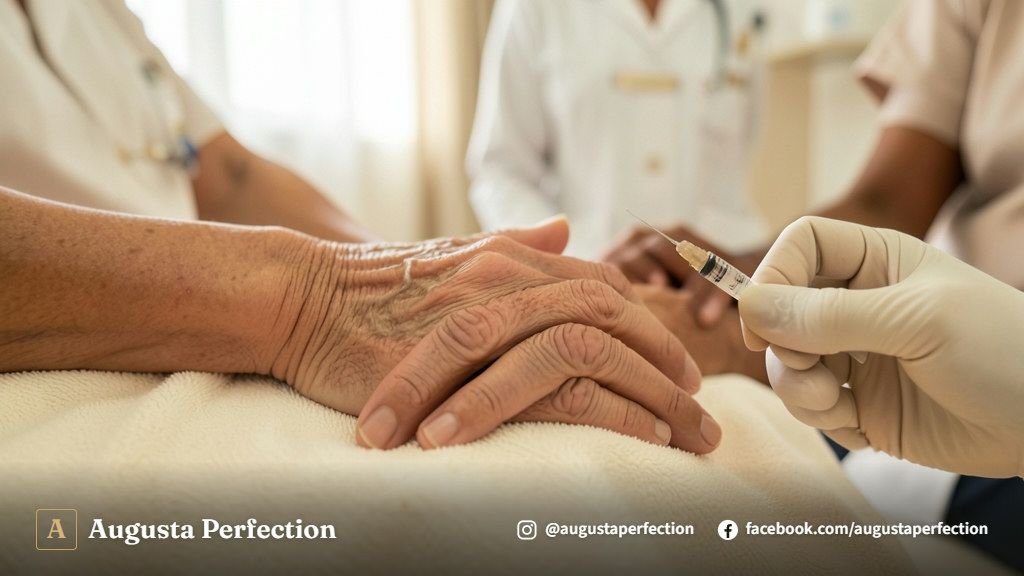 Profissional de estética médica avaliando a pele do dorso das mãos de uma paciente em ambiente de clínica.
