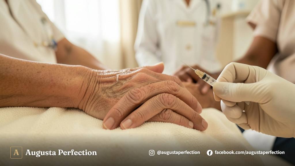 Profissional de estética médica avaliando a pele do dorso das mãos de uma paciente em ambiente de clínica.