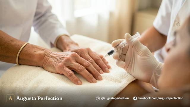 Profissional de estética preparando material seguro para procedimento de preenchimento de mãos em consultório.