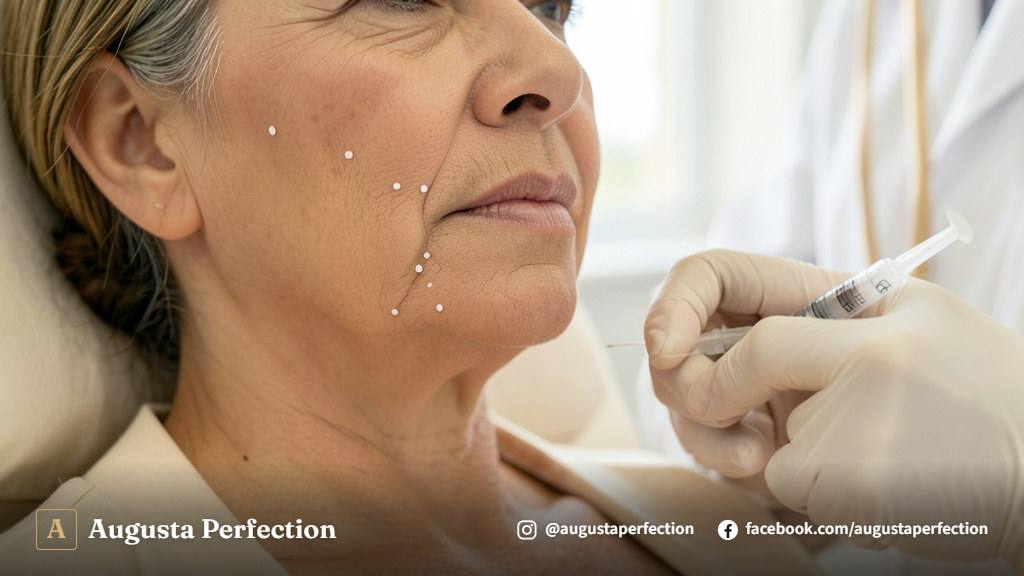 Profissional de estética avançada segurando seringa estéril de ácido hialurônico em consultório moderno.