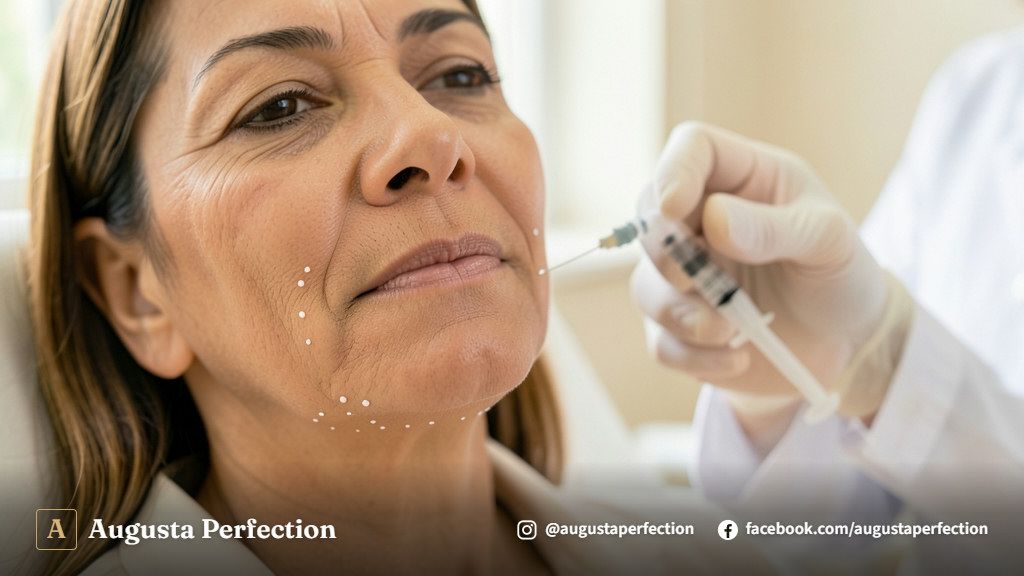 Ambiente de clínica estética premium com luvas estéreis e seringa preparada para procedimento de preenchimento facial.
