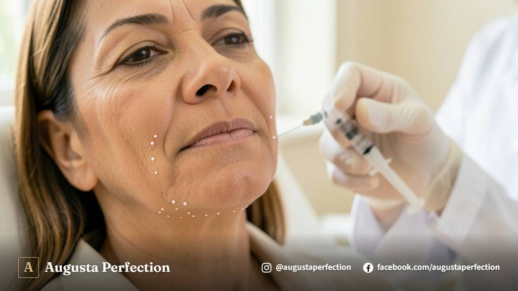 Ambiente de clínica estética premium com luvas estéreis e seringa preparada para procedimento de preenchimento facial.