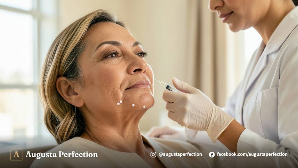 Especialista preparando procedimento estético com microcânula e ácido hialurônico em clínica de estética elegante.