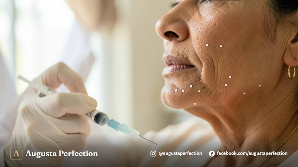 Profissional de estética com luvas segurando instrumento para procedimento facial em clínica moderna.