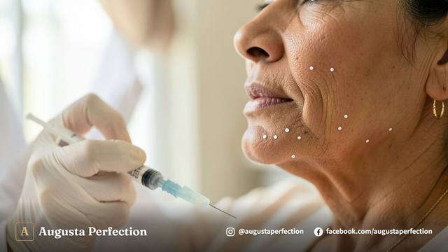 Profissional de estética com luvas segurando instrumento para procedimento facial em clínica moderna.