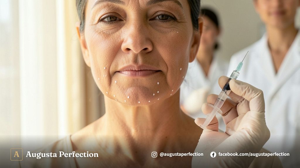 Profissional de estética segurando seringa de ácido hialurônico e fios de sustentação em consultório sofisticado.