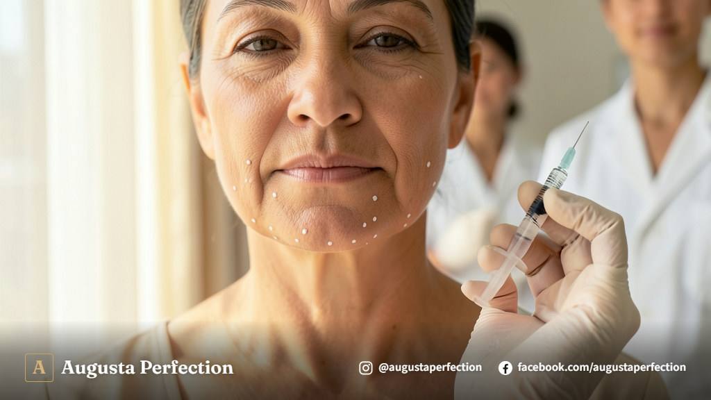 Profissional de estética segurando seringa de ácido hialurônico e fios de sustentação em consultório sofisticado.