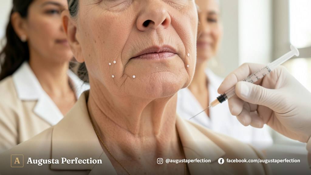 Profissional de estética em consulta de acompanhamento de preenchimento facial em clínica moderna.