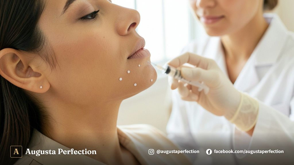 Mesa clínica com ampolas de ácido hialurônico estéreis e luvas médicas preparadas para preenchimento no queixo.
