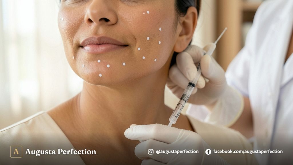Especialista em estética com luvas organizando produtos certificados em uma clínica elegante.