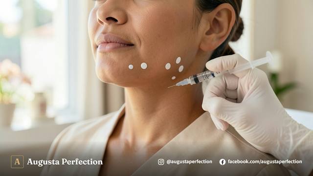 Profissional de estética em luvas realizando avaliação anatômica do queixo para preenchimento de mento em consultório.