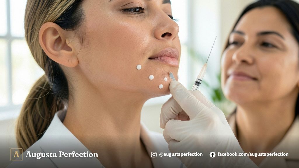 Especialista preparando procedimento de preenchimento facial em ambiente clínico sofisticado com foco na segurança.