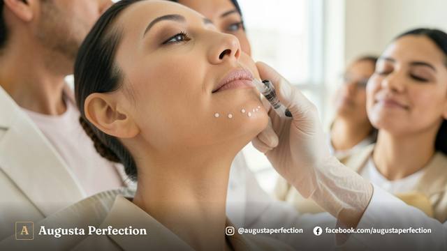 Profissional de estética preparando materiais esterilizados para procedimento de preenchimento de mento em clínica moderna.