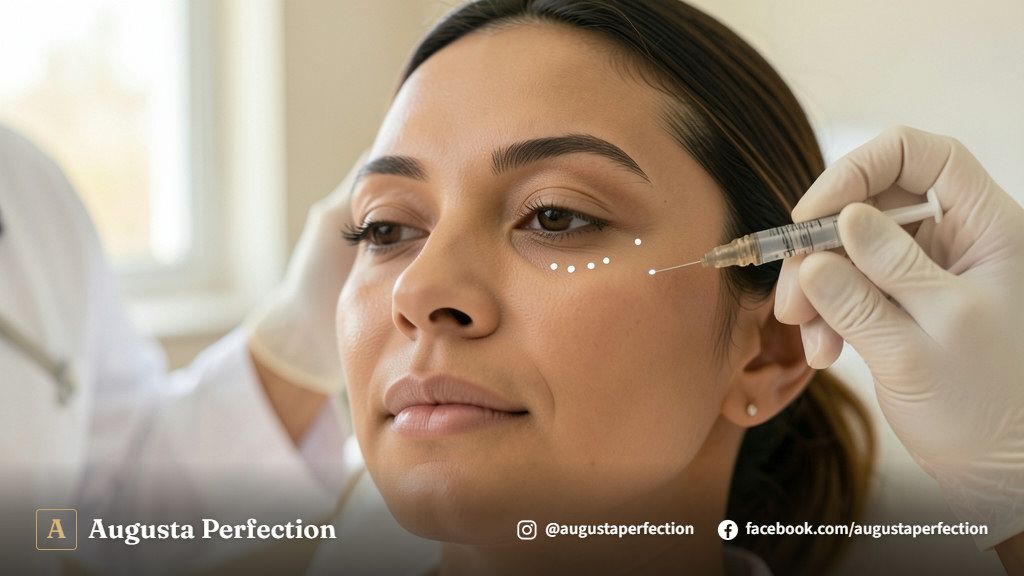 Bancada clínica com produtos de ácido hialurônico para preenchimento de olheiras em Jundiaí.