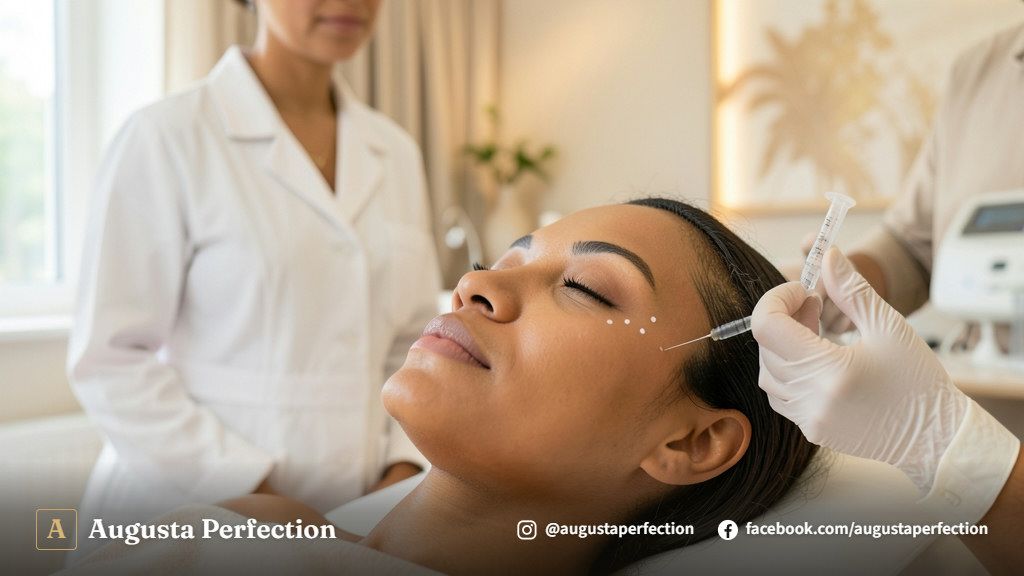 Ambiente de clínica de estética com profissional preparando ácido hialurônico para preenchimento de olheiras.