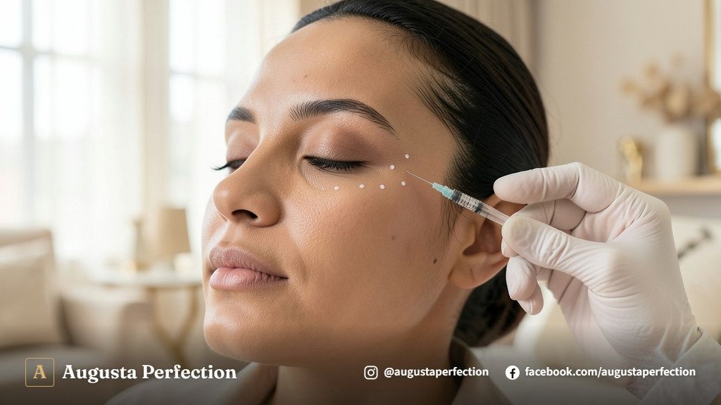Ambiente de clínica de estética com profissional preparando equipamento cirúrgico estéril para tratamento facial.