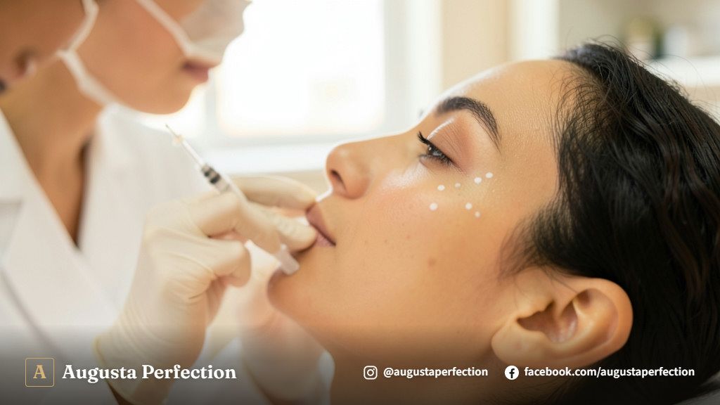 Seringa de ácido hialurônico para preenchimento de olheiras em ambiente de clínica estética premium.