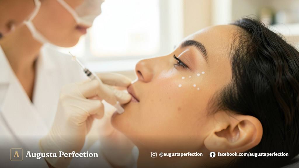 Seringa de ácido hialurônico para preenchimento de olheiras em ambiente de clínica estética premium.