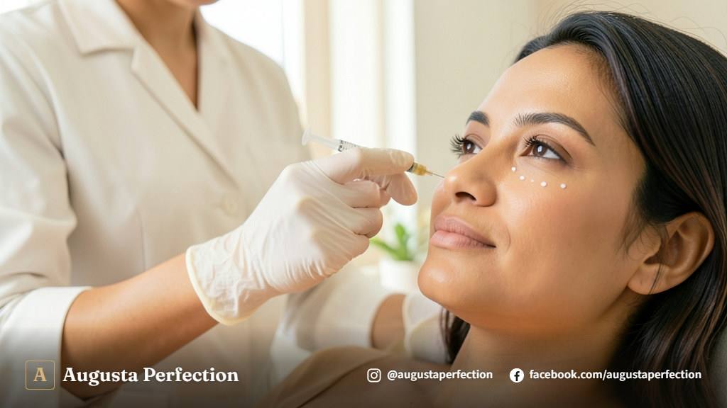 Especialista em estética com luvas segurando seringa preenchedora em ambiente de clínica moderna.