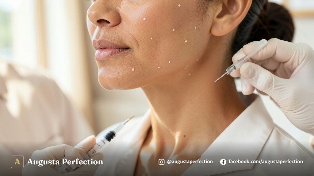 Ambiente de clínica estética elegante com itens para cuidados pós-procedimento de reestruturação facial.