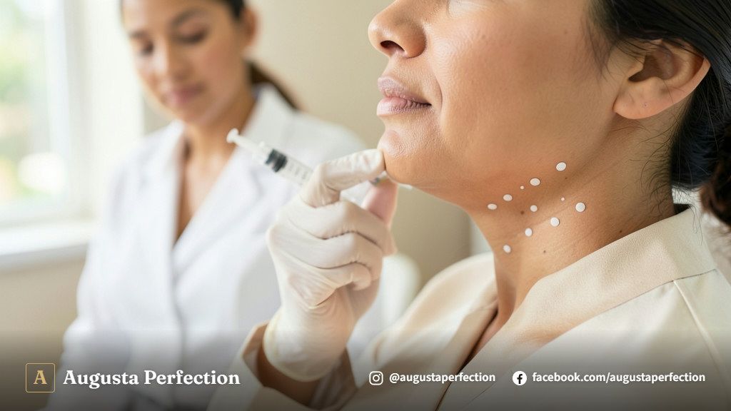 Detalhe de mãos profissionais com luvas em um ambiente de clínica estético preparando o procedimento de preenchimento facial.