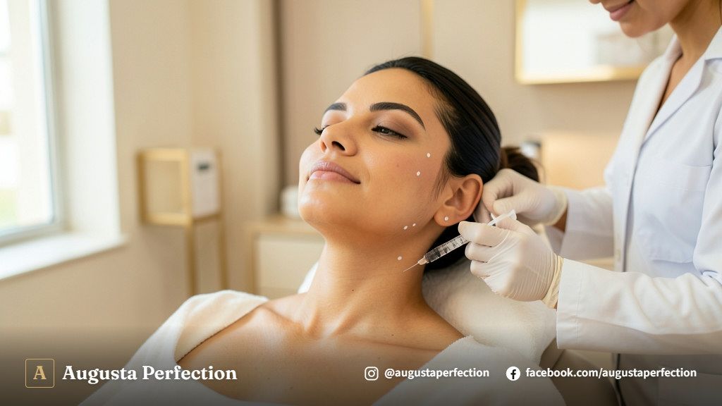 Profissional de estética segurando seringa de ácido hialurônico em ambiente clínico elegante em Campinas.
