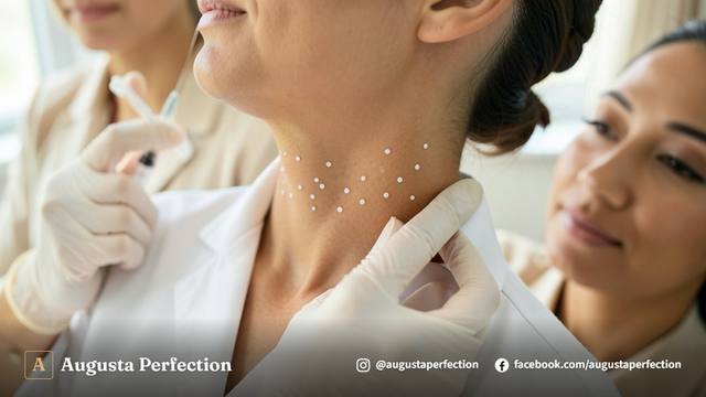 Profissional de estética avançada segurando seringa com preenchedor em ambiente clínico elegante.