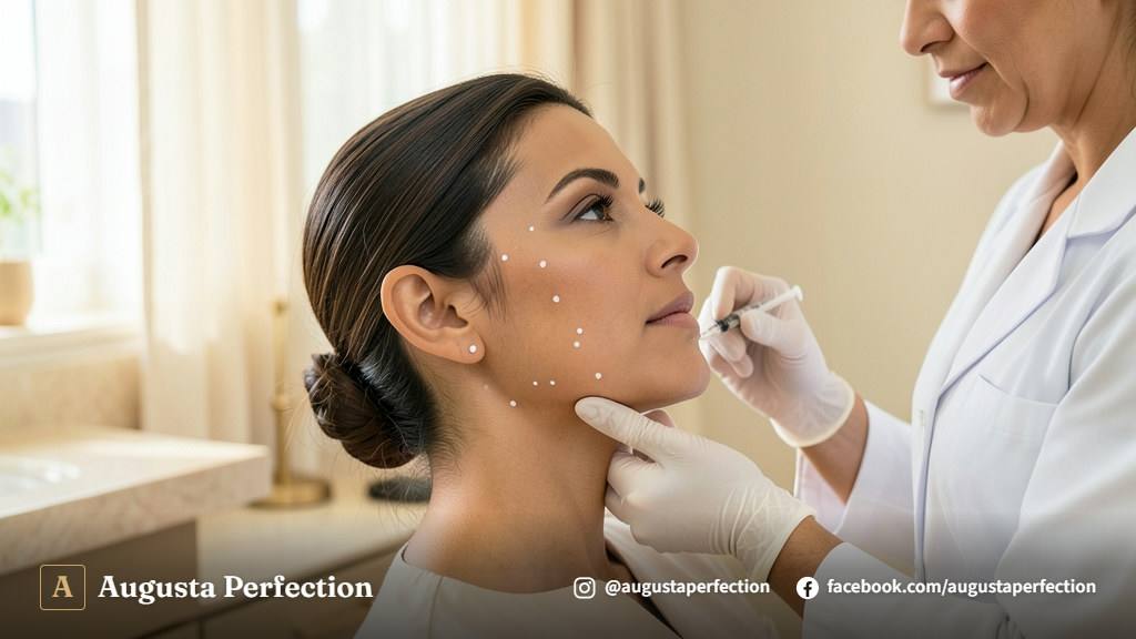Profissional de estética avançada segurando seringa estéril em consultório elegante para preenchimento de papada.
