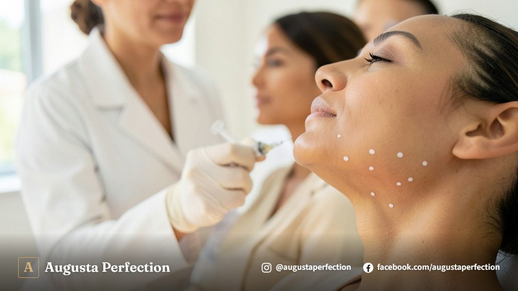 Consultório de estética avançada com ambiente elegante preparado para procedimento de harmonização e preenchimento de papada.