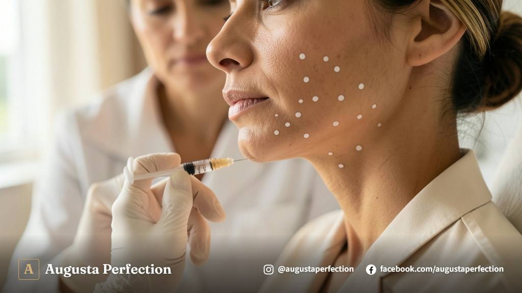 Especialista em estética preparando aplicação de preenchimento facial em consultório elegante.