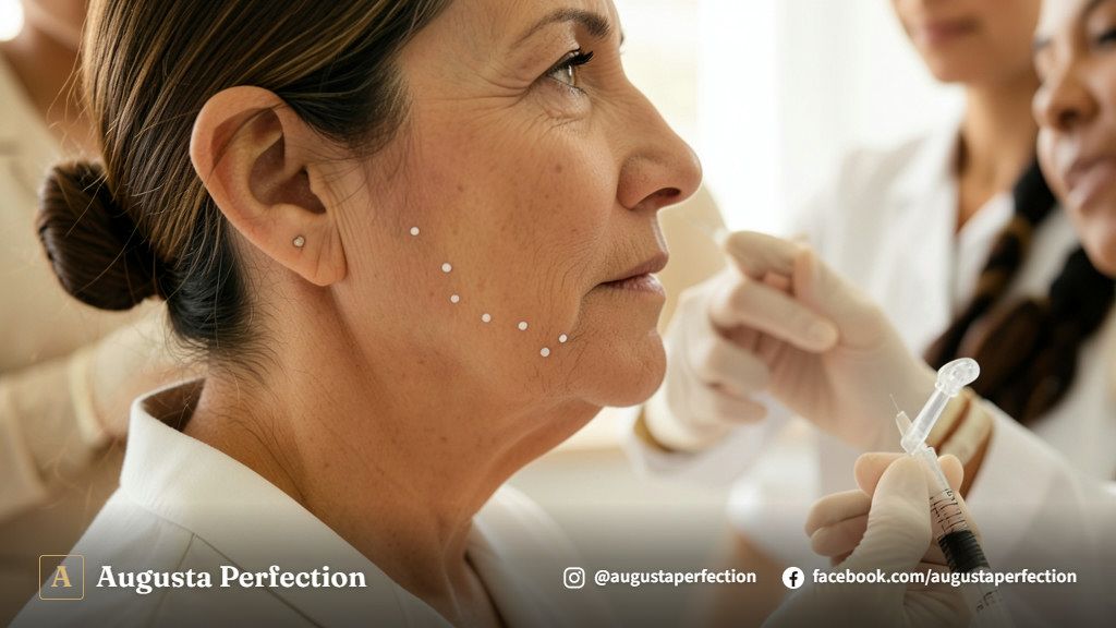 Mãos profissionais com luvas em consultório de estética preparando aplicação para contorno mandibular.