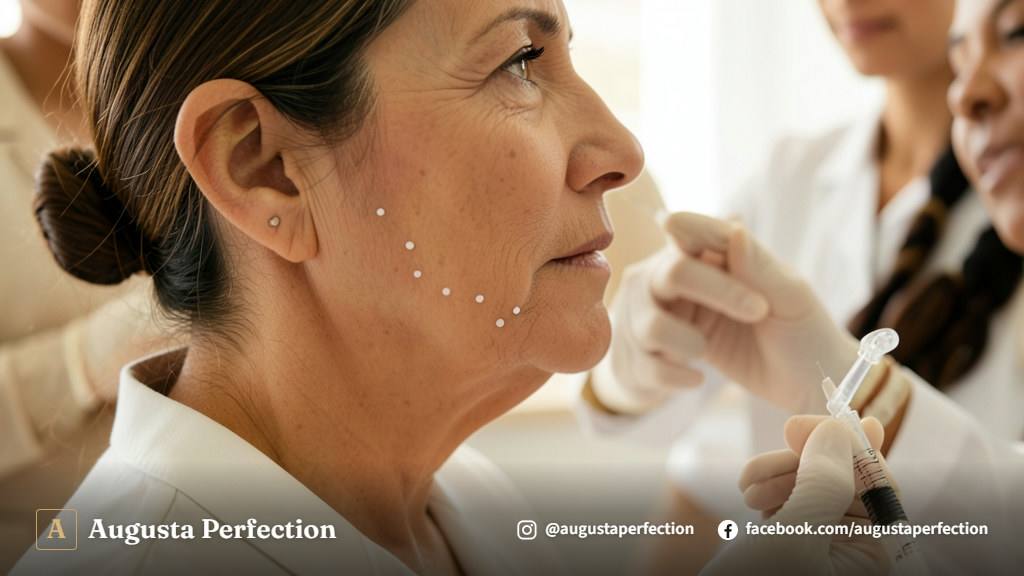Mãos profissionais com luvas em consultório de estética preparando aplicação para contorno mandibular.