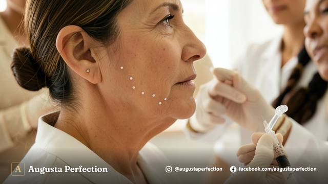 Mãos profissionais com luvas em consultório de estética preparando aplicação para contorno mandibular.