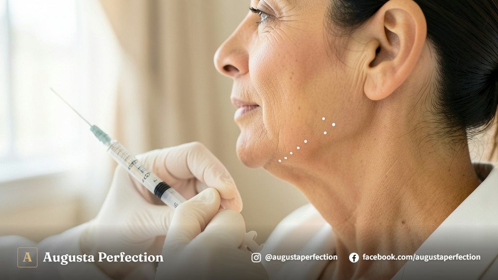 Seringa com ácido hialurônico em ambiente de clínica de estética avançada para preenchimento facial.