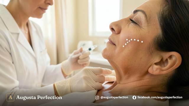 Especialista em estética orientação paciente sobre cuidados pós-preenchimento de sulco pré-jowl em consultório.