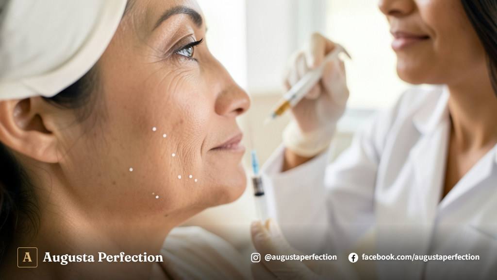 Profissional de estética com luvas segurando seringa de ácido hialurônico em consultório moderno em Bauru.