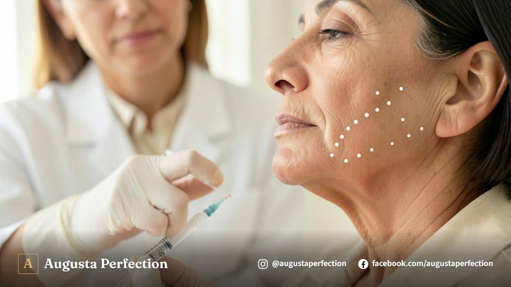 Seringa com ácido hialurônico sobre bandeja estéril em consultório de estética avançada para preenchimento pré-jowl.