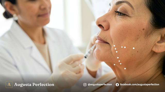 Seringa de ácido hialurônico preparada para procedimento de preenchimento mandibular em clínica de estética.
