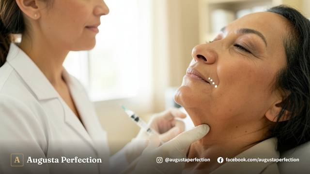 Seringa profissional de ácido hialurônico em ambiente clínico moderno para preenchimento do sulco pré-jowl.