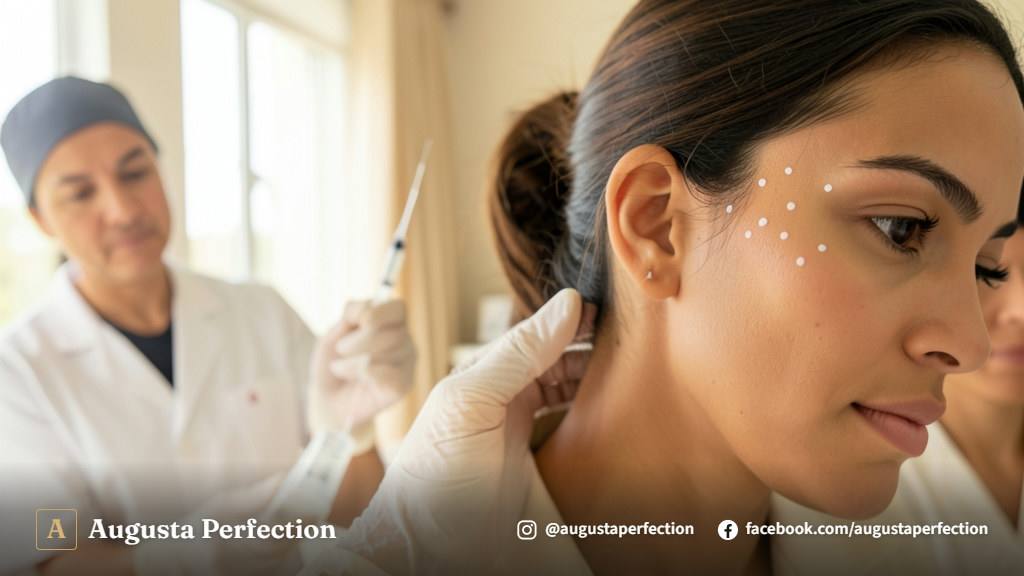 Ambiente clínico refinado com materiais estéreis preparados para procedimento de preenchimento facial de alta segurança.